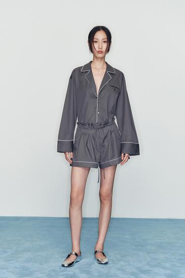 Zara 滾邊府綢襯衫 - 水洗棕黑色 - 圖片 0