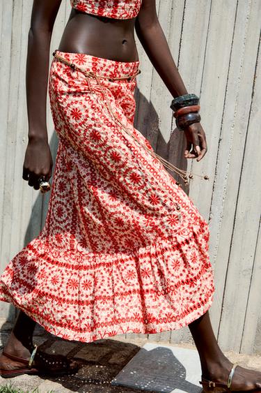 MIDI SKIRT WITH CUTWORK EMBROIDERY - Red by Zara - Image 3