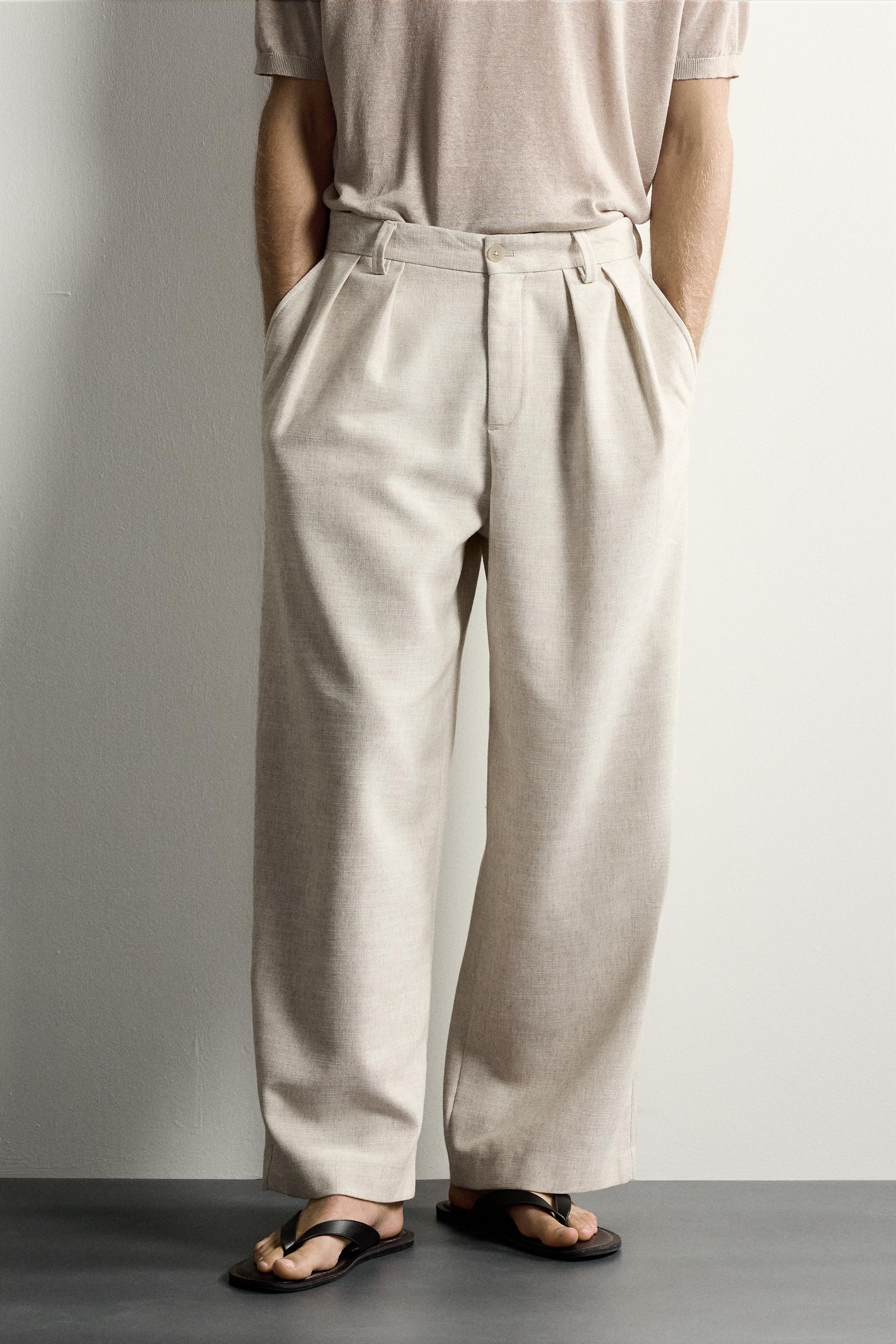 RELAXED FIT STRUCTURED PLEATED PANTS — Light beige
