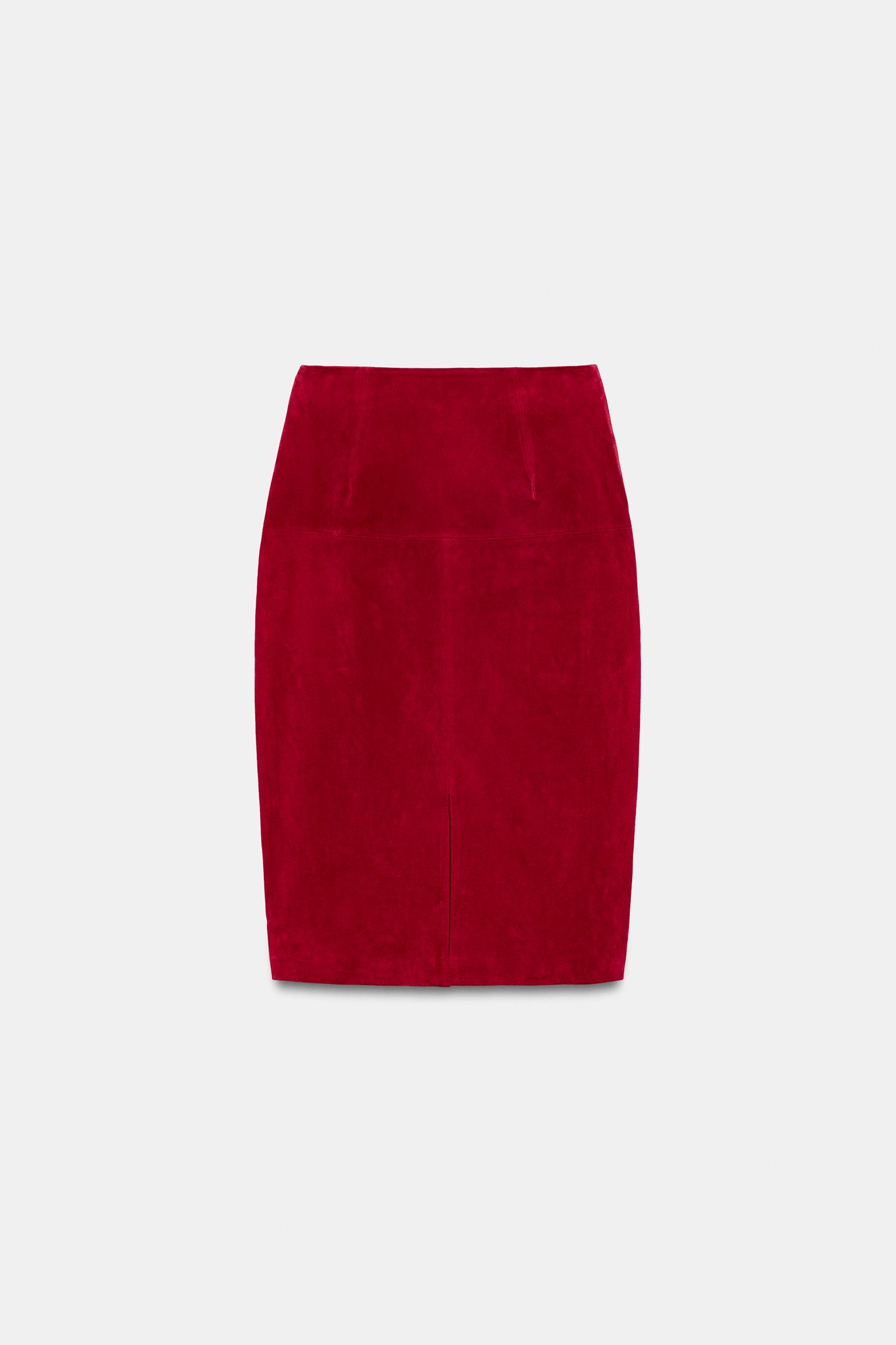 Женская юбка Zara 100% Leather MIDI, цвет: Яркий красный — фото 5