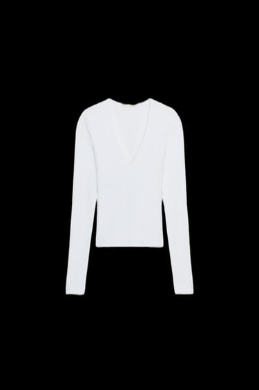 LONG SLEEVE RIBBED TOP - White by Zara