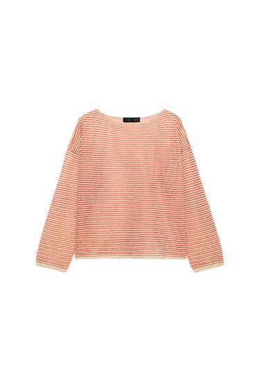 STRIPED FINE KNIT LINEN BLEND JUMPER - Ecru / Red by Zara
