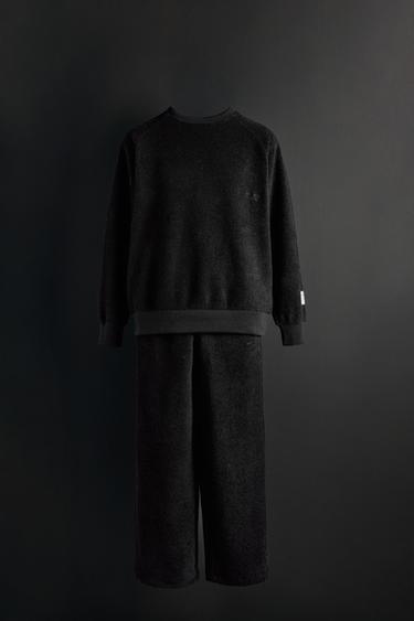 Zara SWEATSHIRT AND WIDE LEG PANTS WITH TEXTURED LABEL SET - Black