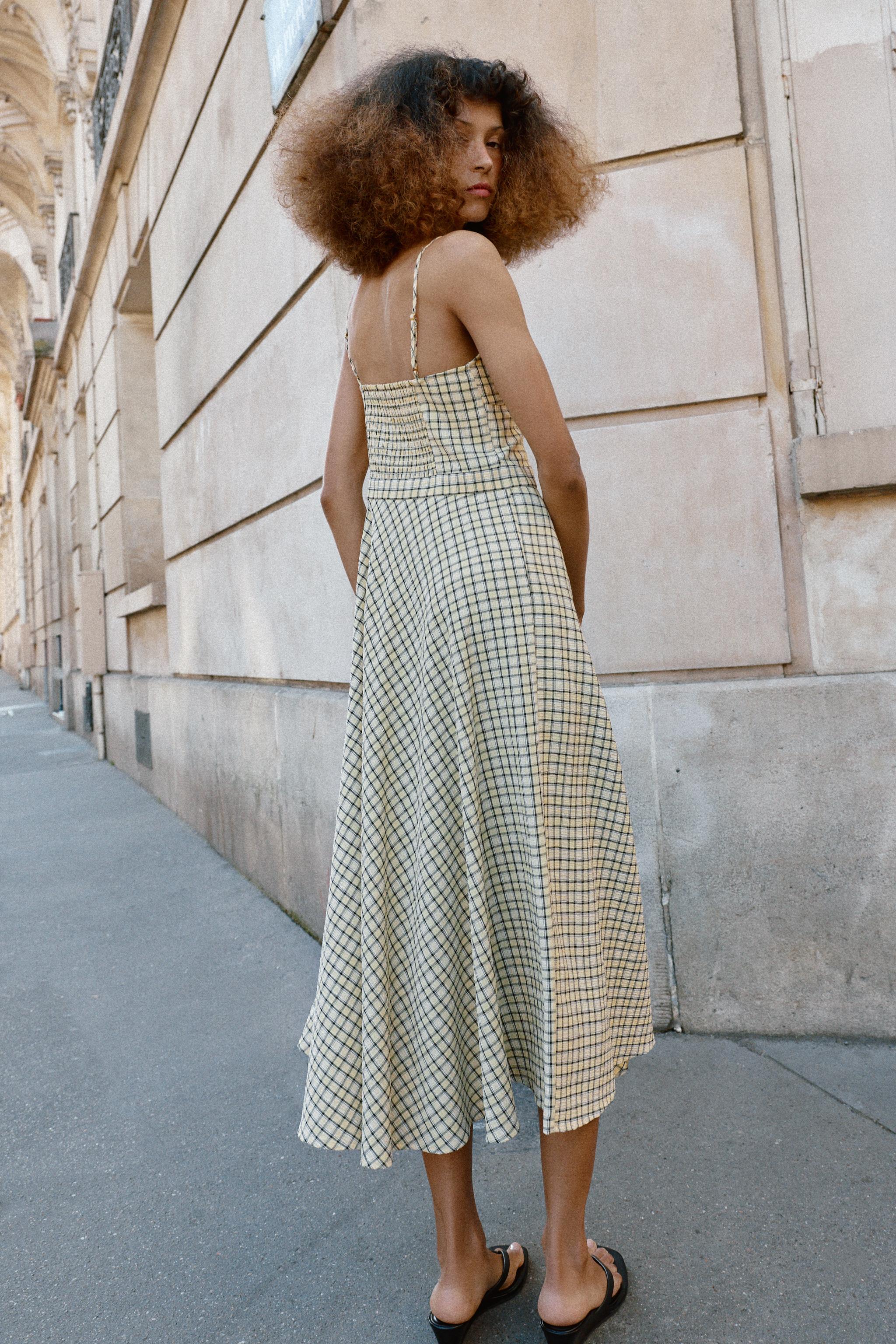 チェック柄ミディ丈ストラップワンピース - イエロー | ZARA Japan / 日本