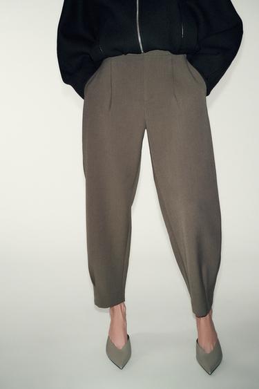 Zara PLEATED TAPERED PANTS - Light khaki