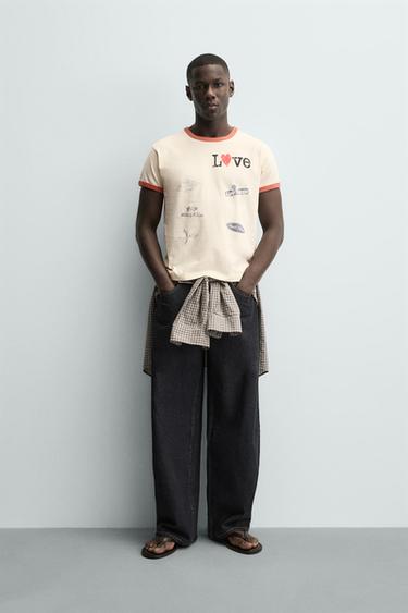 تيشرت RIB بلون متباين وقلب - خَام الخاص بـ Zara