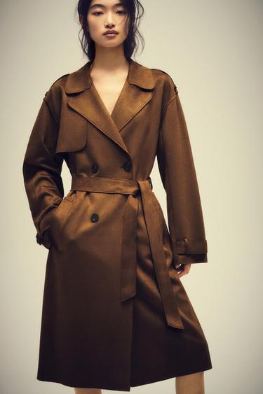 Zara 長版人造麂皮繫帶風衣 - 棕色