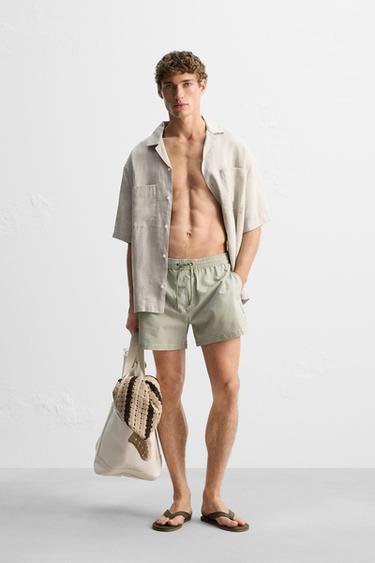 SEERSUCKER MID-LENGTH SWIMMING TRUNKS - Light khaki by Zara - Image 0