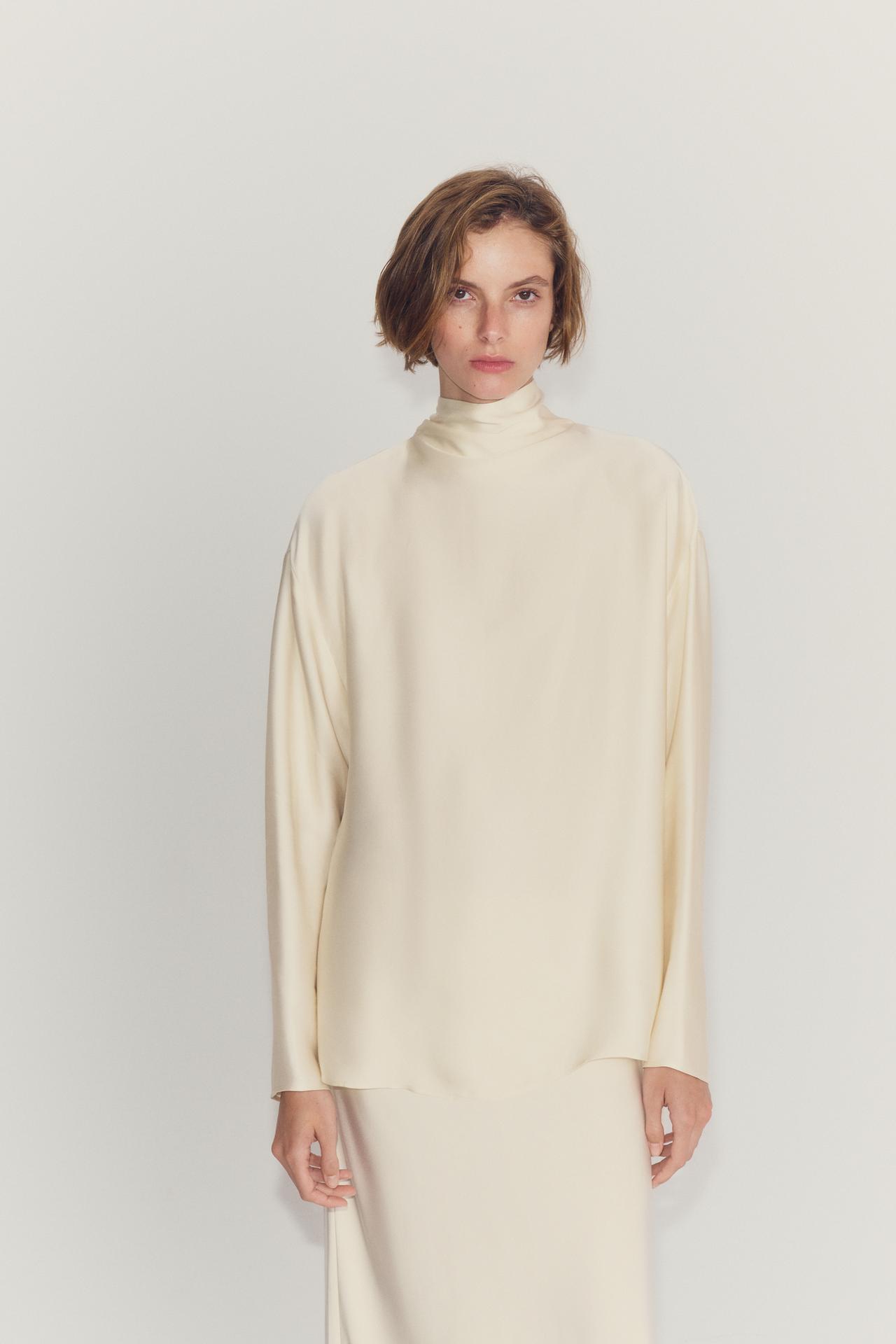 SATIN TIE BLOUSE ZW COLLECTION — Ivory