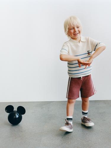 Zara MICKEY MOUSE © DISNEY KNIT COTTON-LINEN POLO SHIRT - Blue / White