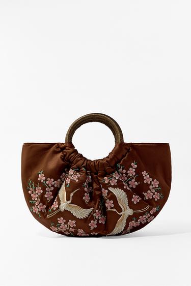 EMBROIDERED FAN BAG WITH BIRDS AND FLOWERS - Brown by Zara