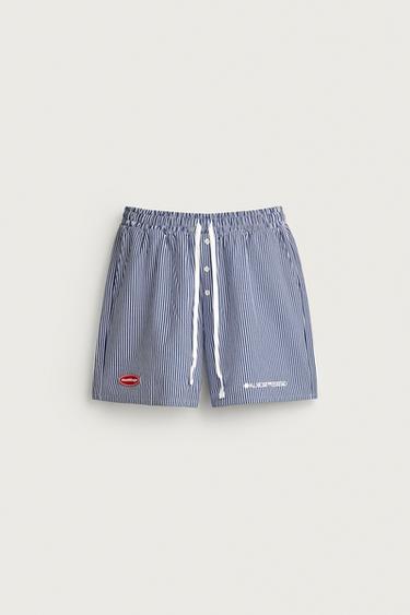 RELAXED FIT STRIPED BERMUDA SHORTS WITH PATCHES - Blue/White by Zara