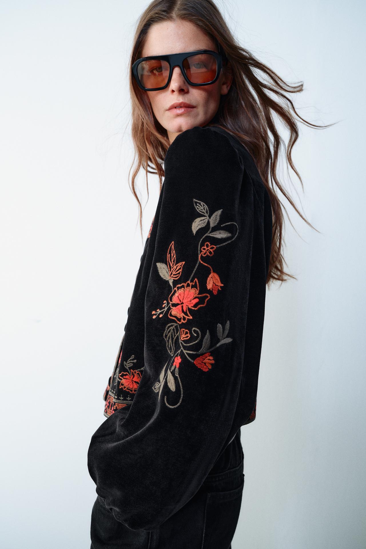 EMBROIDERED VELVET JACKET — Black