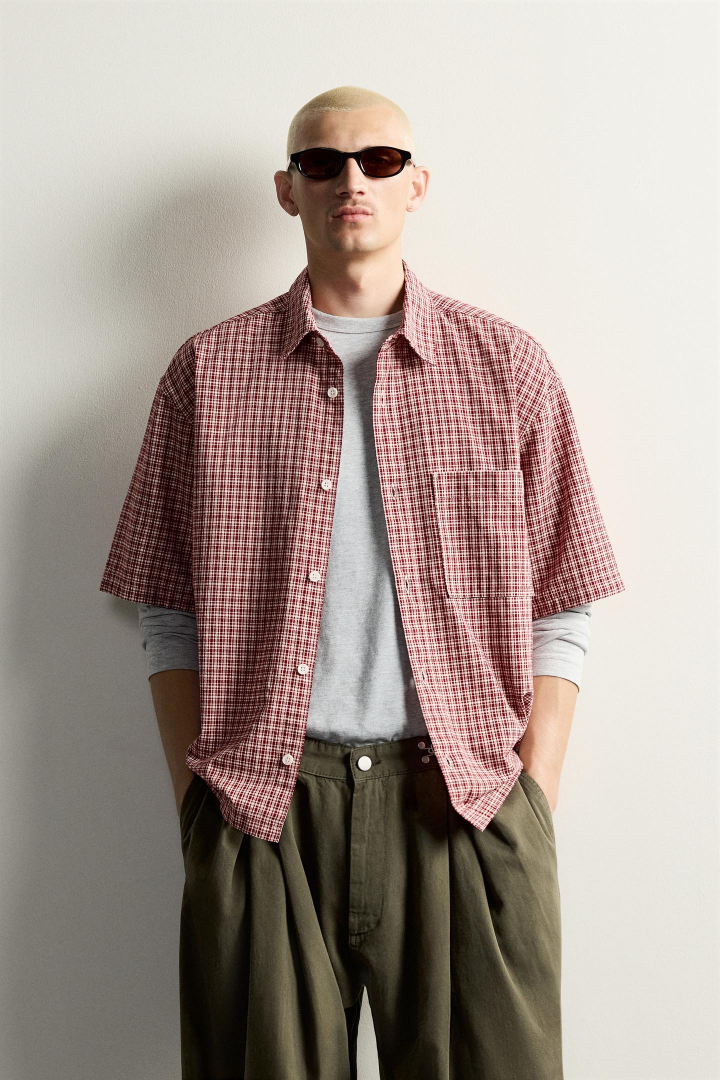 Мужская рубашка Zara Relaxed Fit Plaid, цвет: Красный / Тёмно-синий — фото 2