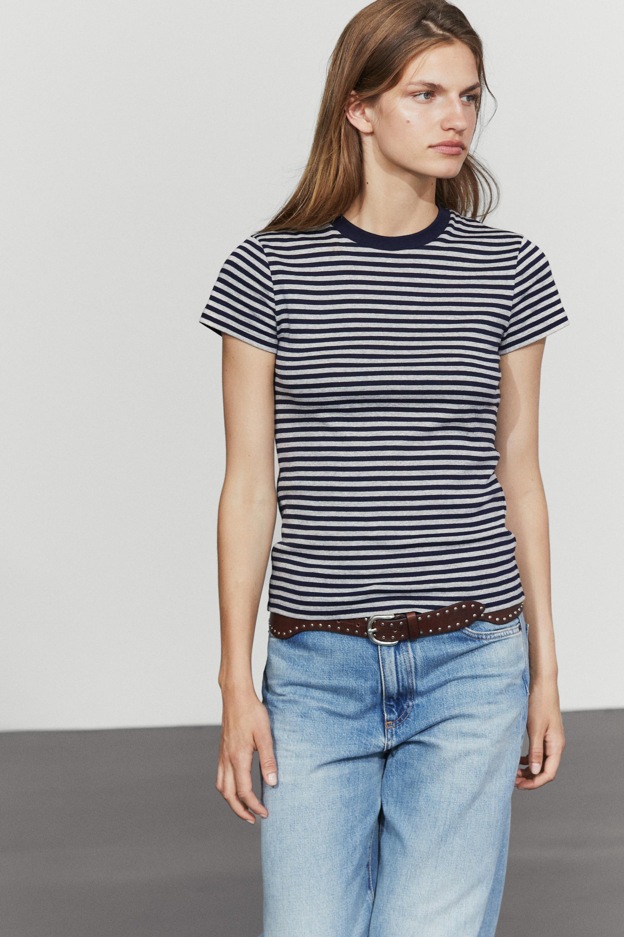 Ribbed striped short sleeve T-shirt — Blue