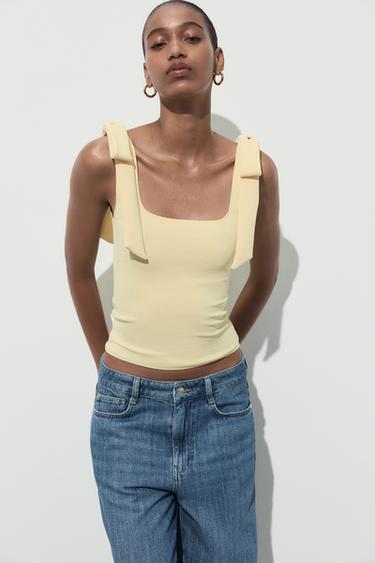Zara STRETCH BOW TOP - Light yellow
