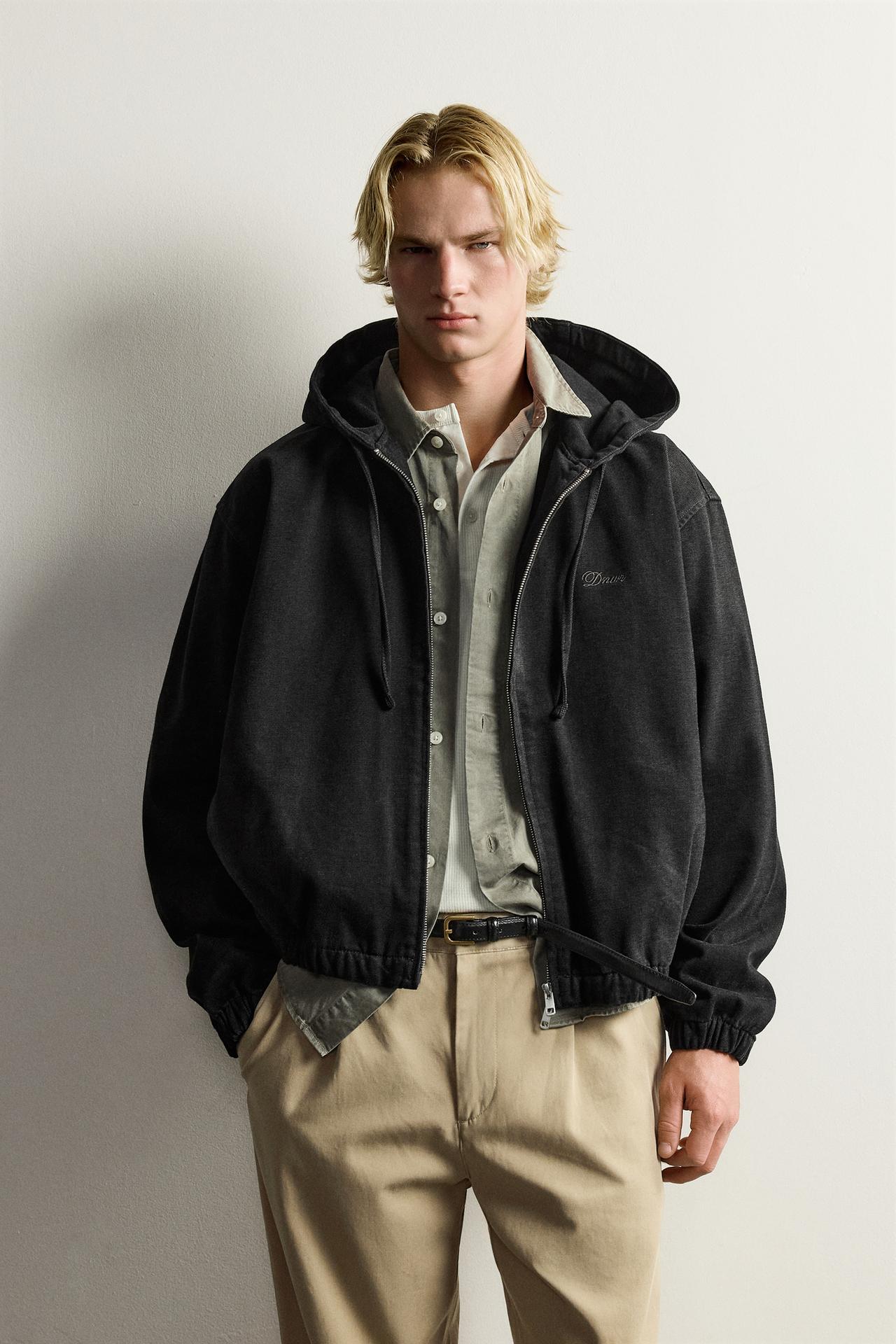 FLEECE-LINED DENIM HOODIE — Black