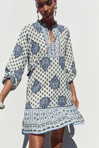 Zara PRINTED MINI DRESS - Ecru / Blue