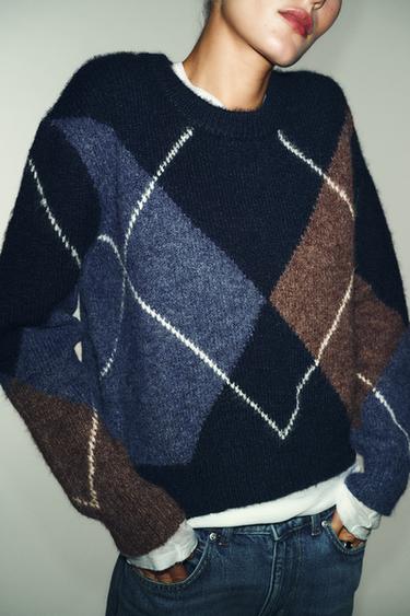 PULL EN MAILLE À LOSANGES - Bleu marine de Zara - Image 3