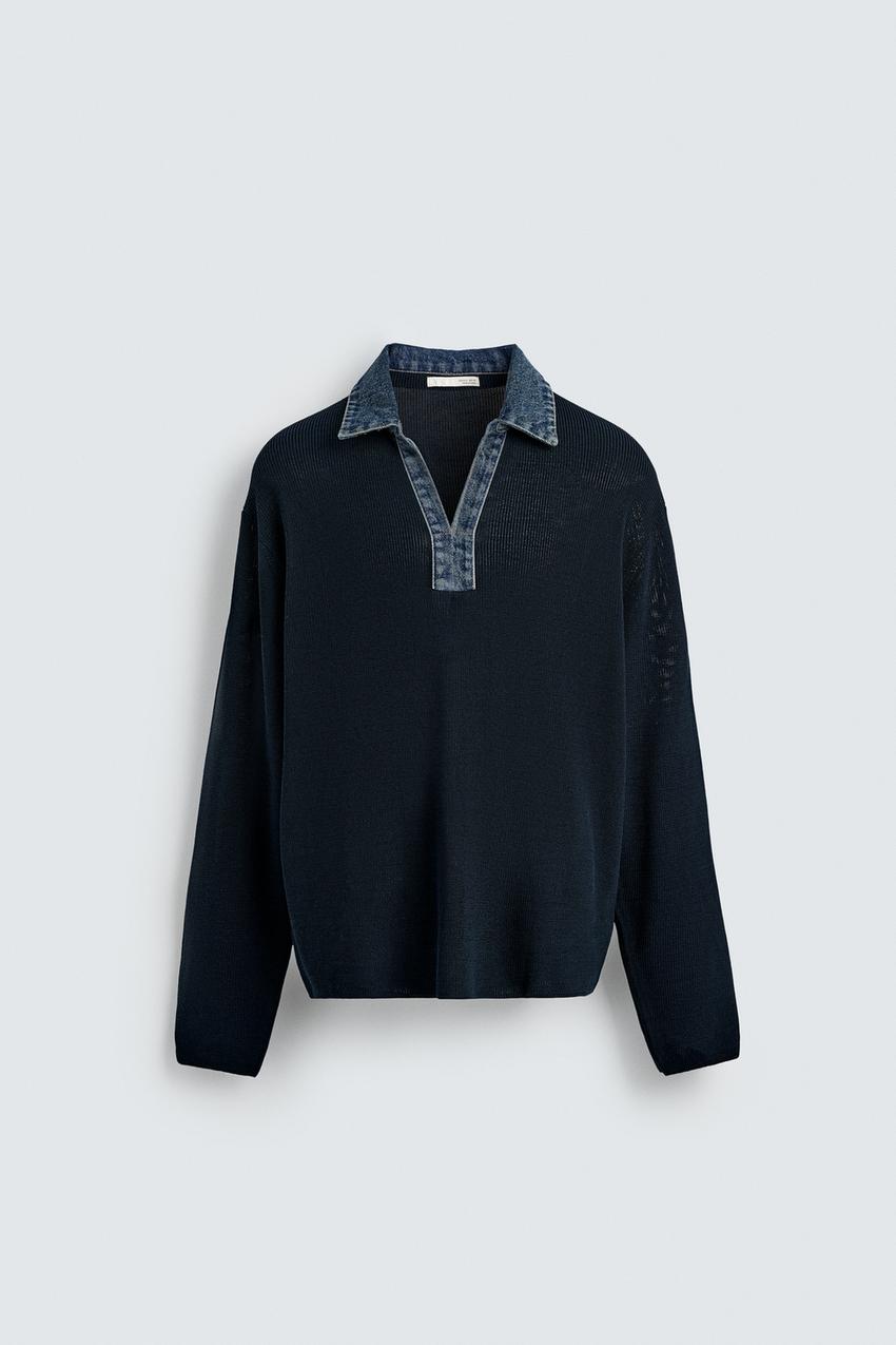 DENIM COLLAR KNIT POLO SHIRT