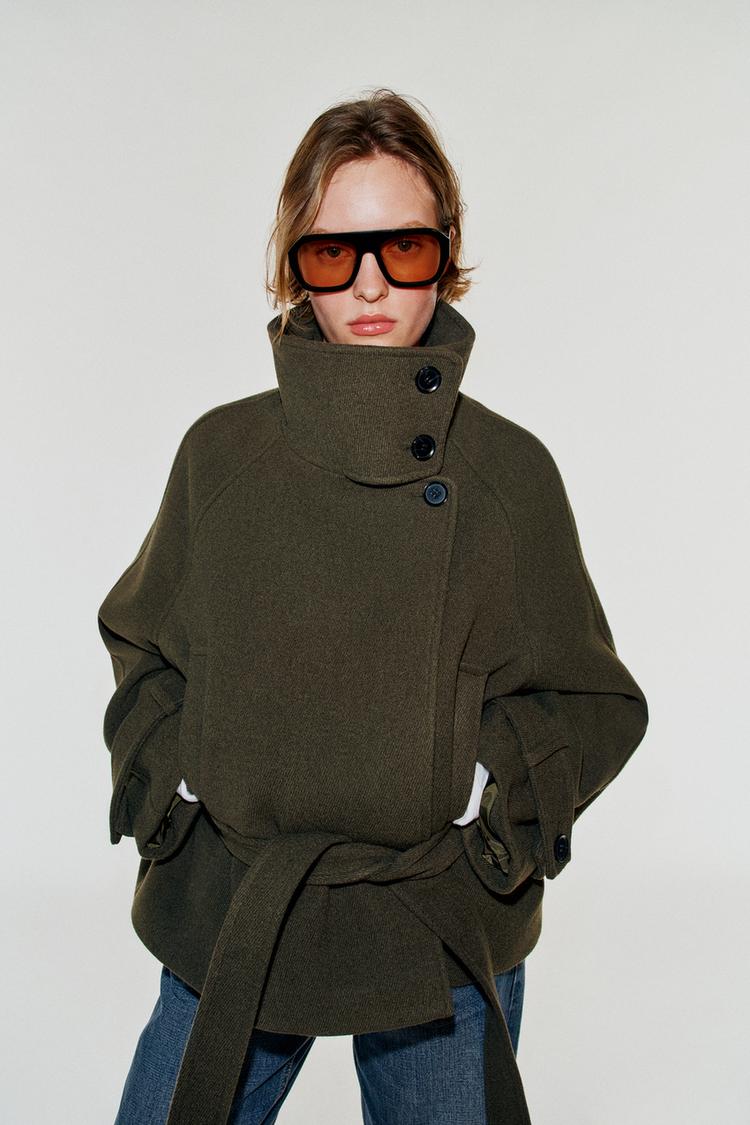 BELTED HIGH COLLAR COAT