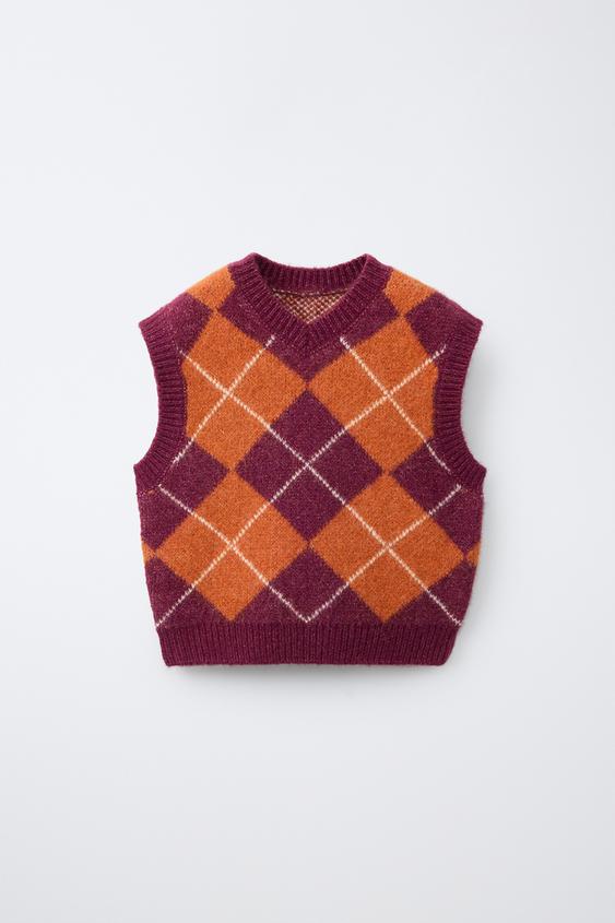 Zara ARGYLE KNIT VEST - Purple - Image 0