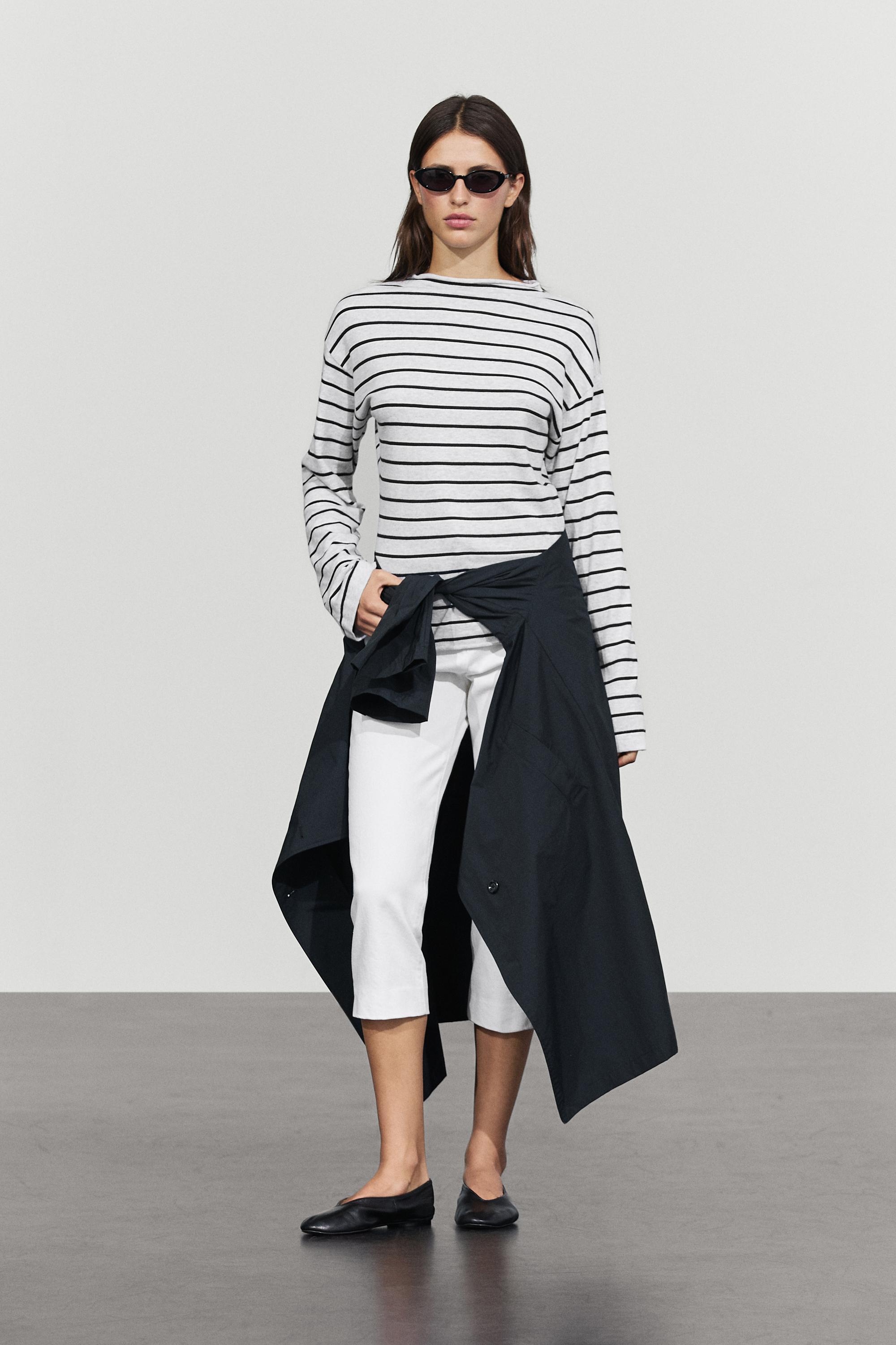 100% cotton striped knit sweater — Gray marl