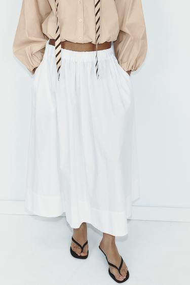 Zara POPLIN MIDI SKIRT - White