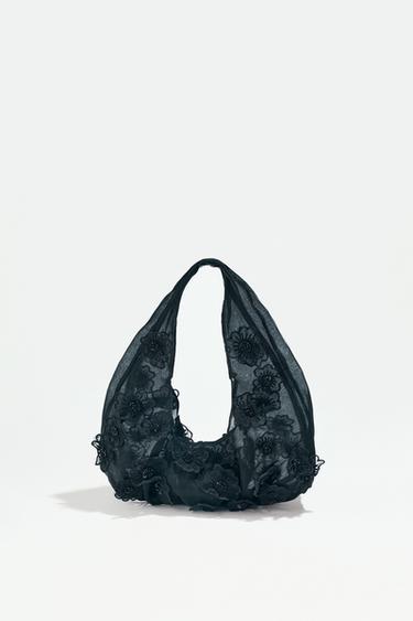 Zara BEADED MESH MINI SHOPPER - 黑色