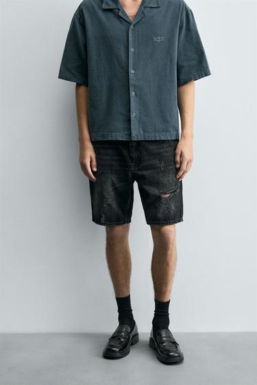 Zara RIPPED DENIM SHORTS - Charcoal