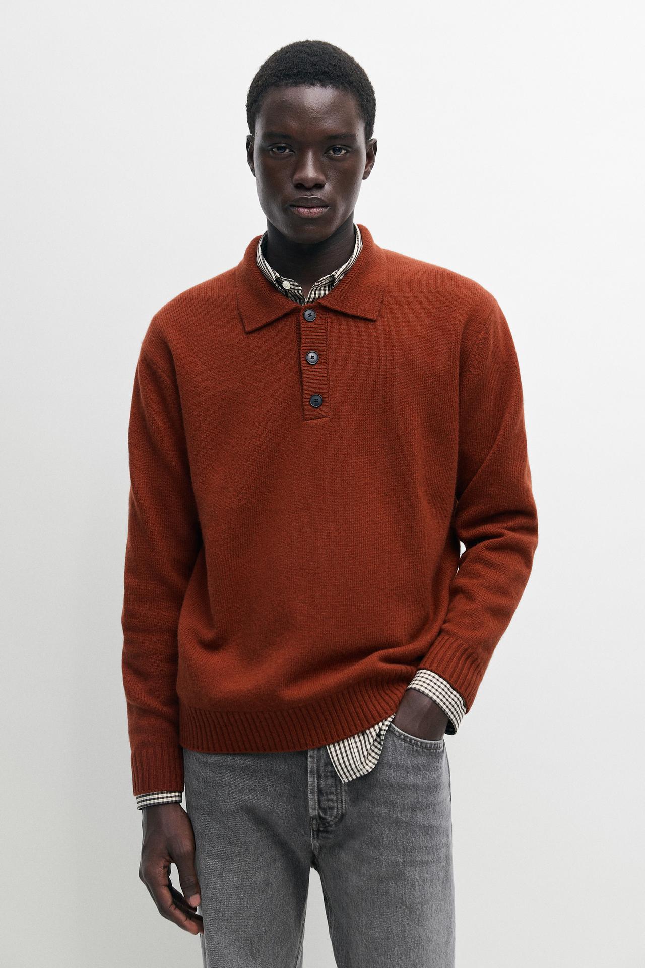 Wool blend polo sweater with button detail — Brick