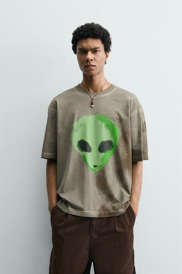 Zara RELAXED FIT PRINTED T-SHIRT - Khaki