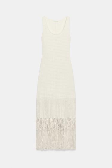 Zara FRINGED TEXTURED DRESS - Ecru