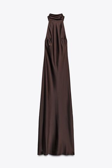 Zara HALTER SATIN EFFECT DRESS - Dark brown