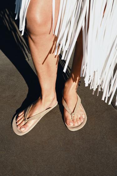 Zara LEATHER FLAT SANDALS - Beige - Image 0