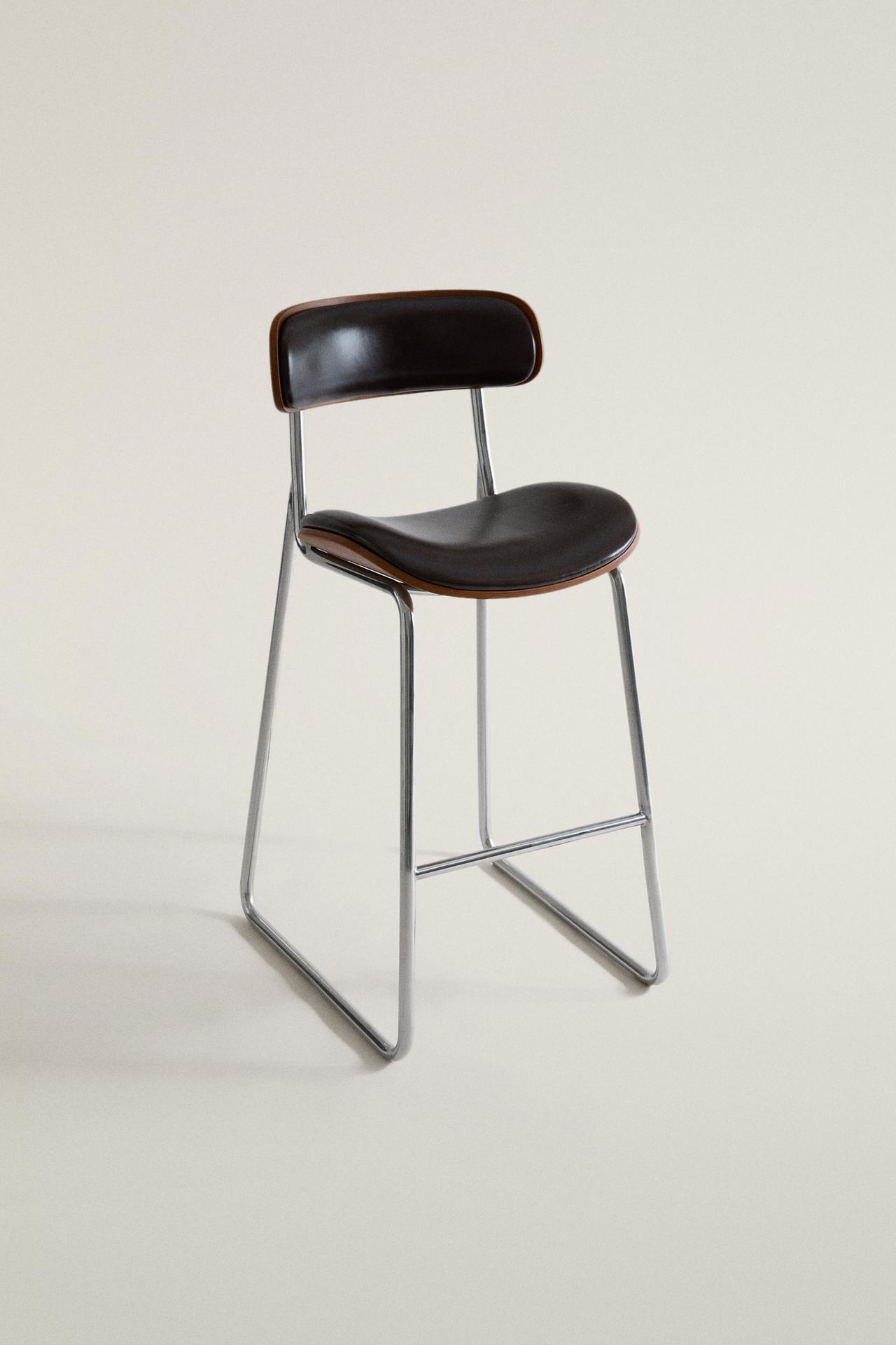 STAINLESS STEEL AND LEATHER BAR STOOL — Chocolate brown