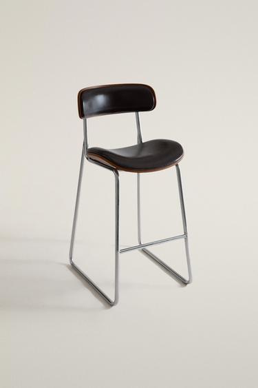 STAINLESS STEEL AND LEATHER BAR STOOL — Chocolate brown 2