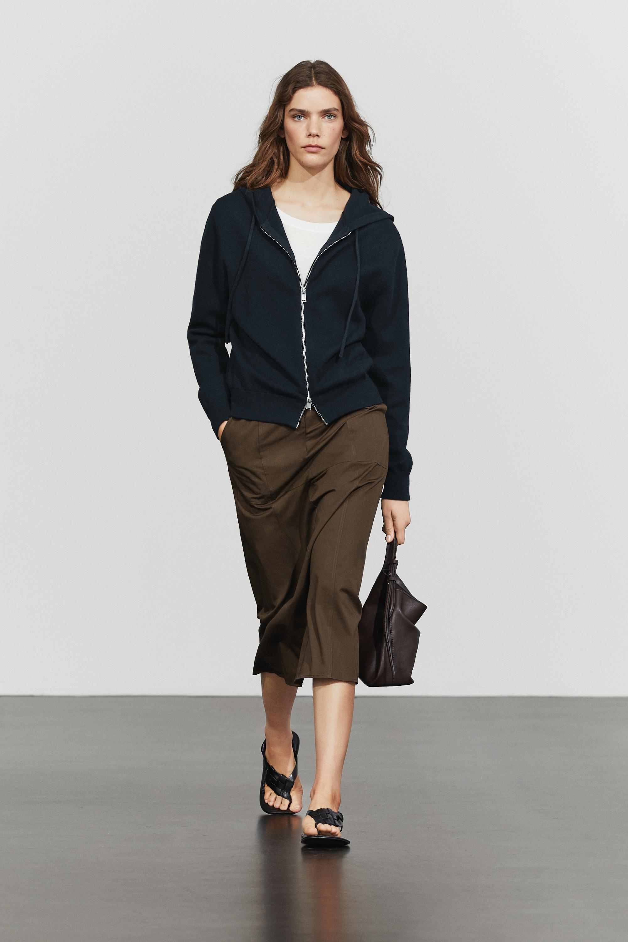 Cotton blend knit hooded cardigan — Navy blue