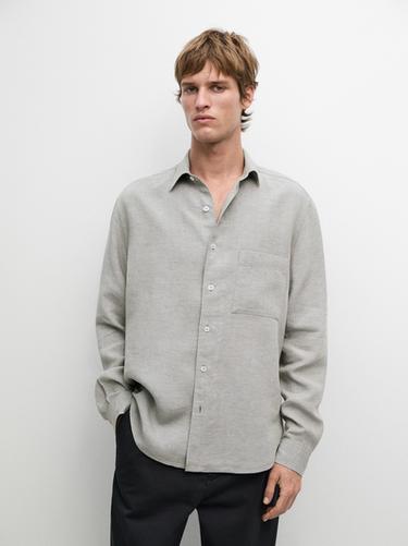 Zara 100% linen regular fit shirt with pocket - Gray