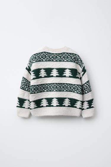 PULL EN MAILLE AVEC ARBRES - Écru / Vert de Zara - Image 1