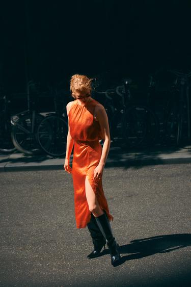 SATIN MIDI DRESS WITH GATHERING - Oranges by Zara - Image 0