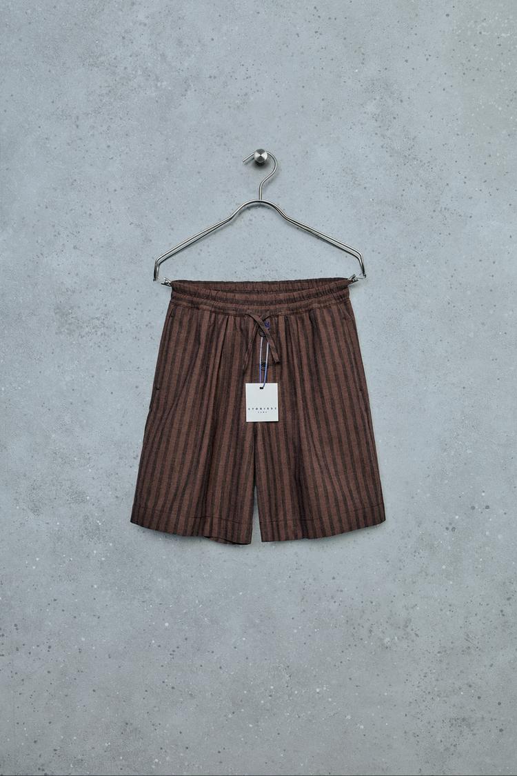 STORIESZ - STRIPED COTTON LINEN SHORTS — Chocolate