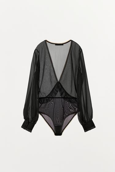 CONTRAST LACE RUFFLED BODYSUIT - Black by Zara - Image 5