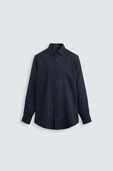 Zara 100% LINEN SHIRT - Navy blue