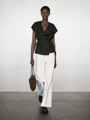 Zara Linen blend crossover kimono with tie detail - Black