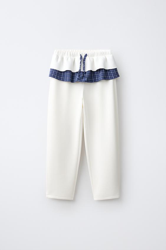 Zara 格紋拼接長褲 - 裸色 - 圖片 0