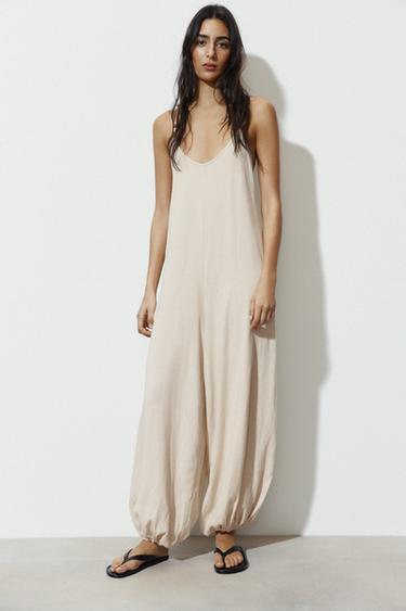 Zara RUSTIC BAGGY JUMPSUIT - Light beige