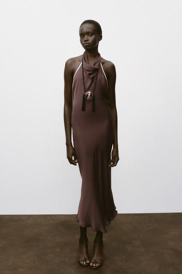 CONTRAST TRIM SATIN MIDI DRESS - Brown by Zara