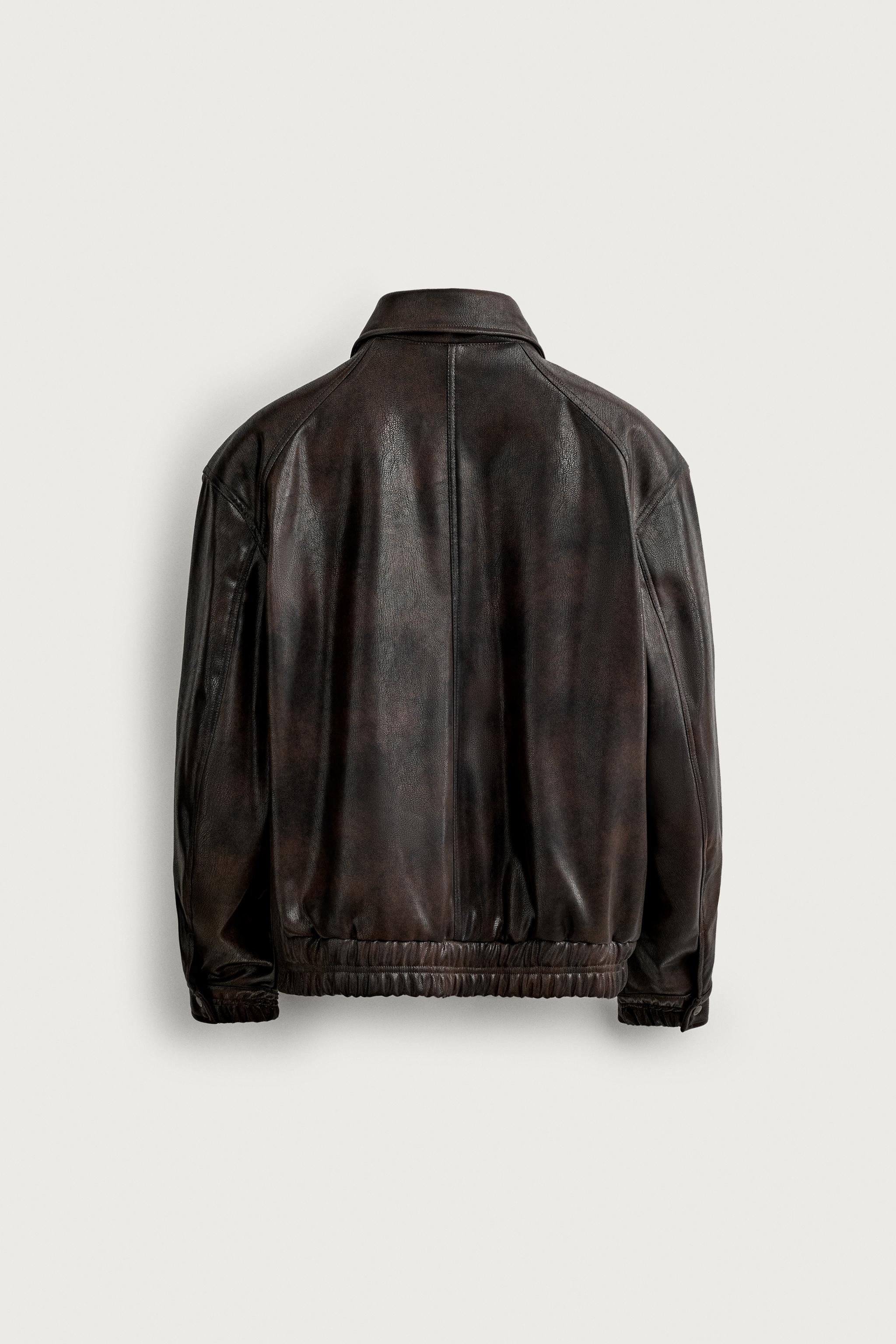 FAUX LEATHER RELAXED FIT JACKET — Brown