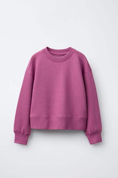 Vorderansicht eines rosa Sweatshirts mit Rundhalsausschnitt und langen Ärmeln. Gerippte Abschlüsse an Kragen, Bündchen und Saum.